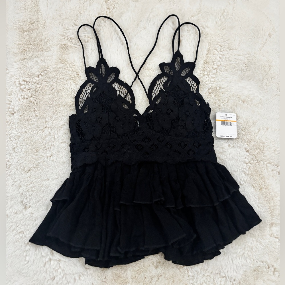 Free People Black Lace Ruffle Cami Top